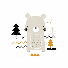 Vector hand-drawn colorful childrens illustration with cute bear and trees on a white background. Creative scandinavian forest card, poster, print for kids. Cute animals. Trendy kids character.