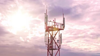 Wall Mural - Close-up aerial view to the top of telecommunication tower with mounted communication equipment and mobile cellular antennas. Transmitter antenna dishes are directed to the nearest mobile towers.