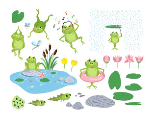 Wall Mural - Cartoon frogs and tadpoles flat vector illustrations set. Cute green toads jumping, listening to music, pond, rocks, leaves and flowers isolated on white background. Nature, wildlife, animals concept