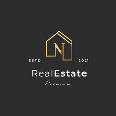 Wall Mural - Letter N logo with real estate house icon luxury line style, Vector illustrations