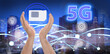 © New Africa - Man demonstrating 5G SIM card model and cityscape with connection lines on background, closeup. Banner design