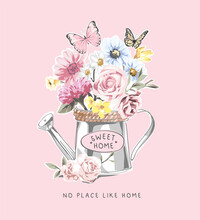 No Place Like Home Slogan With Colorful Flowers In Tin Pot Vector Illustration