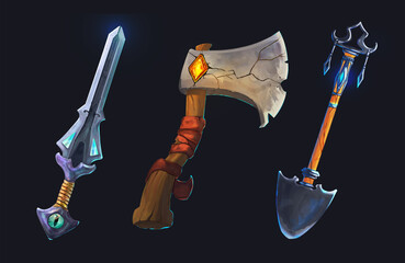 a set of icons on a dark background. isolates for a casual fantasy game.  game tools. an axe, a sword, a shovel. attributes, props, items for a necromancer. dark magic, cemetery.