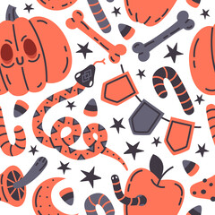 Wall Mural - Halloween fall doodle seamless pattern. Spooky pumpkin, snake and poison mushroom vector background illustration. Hand drawn Halloween decorations pattern