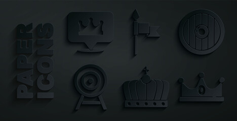 Wall Mural - Set King crown, Round wooden shield, Target with arrow, Medieval spear and Location king icon. Vector