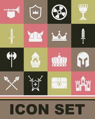 Poster - Set Castle, fortress, Medieval iron helmet, sword, Round wooden shield, Viking in horned, Dagger, Trumpet with flag and King crown icon. Vector