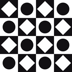 Fototapete - Checker rhomb and circle pattern. Black and white cells. Vector.