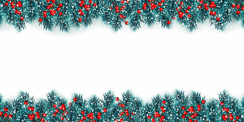 Wall Mural - Festive Christmas or New Year Background. Christmas tree branches with holly berries and xmas snow. Holiday's Background. Vector illustration