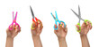 © New Africa - Collage with photos of women holding different scissors on white background, closeup. Banner design