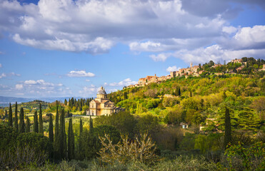 Canvas Print - San Biagio church and Montepulciano village. Siena, Tuscany Italy