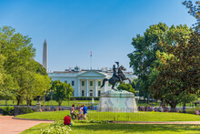 WASHINGTON DC, USA - AUGUST 14, 2021: The White House With The Equestrian Statue Of Andrew Jackson.