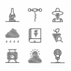 Sticker - Set Book about grapes, Sun and cloud weather, Wine time, Grapes, Fermentation of, Cloud with rain, Farmer hat and Bottle wine icon. Vector