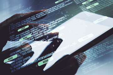 Wall Mural - multi exposure of abstract software development hologram and finger presses on a digital tablet on b
