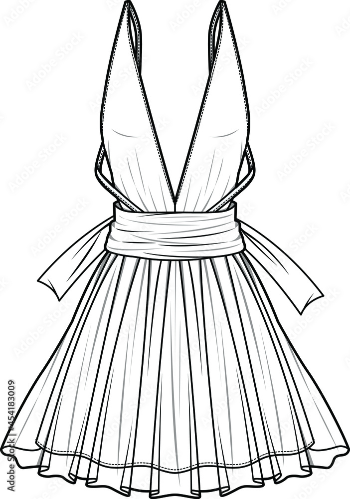 skater dress sketch Plunge neck skater dress flat sketch vector illustration Stock Vector