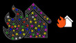 Flare mesh burning house glare icon with lightspots. Illuminated vector constellation is created from burning house icon. Sparkle carcass mesh burning house on a black background.