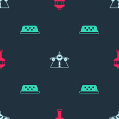 Poster - Set Airport control tower, Plane and Taxi car roof on seamless pattern. Vector