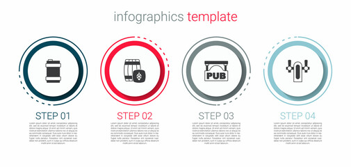 Sticker - Set Metal beer keg, Wooden barrel, Street signboard with Pub and Beer tap. Business infographic template. Vector