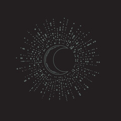 Wall Mural - Vector dark boho moon with radial beams on a black background. Sketch of a shining crescent tattoo in retro style. Dark mystical illustration with a magical symbol
