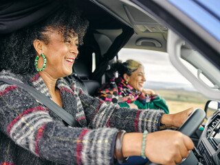 Wall Mural - Smiling women traveling by car