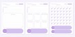 Modern collection of daily weekly monthly planner printable template with purple ellements. Collection of note paper, to do list, stickers templates. Blank white notebook page A4