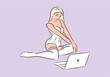 Woman webcam model sitting in lingerie broadcast with laptop