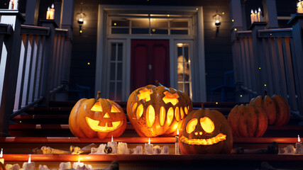 Halloween scary spooky pumpkins on the yard. Holiday spooky pumpkin. High quality 3d render