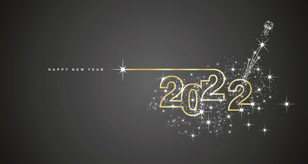 Wall Mural - New Year 2022 line design sparkle firework open champagne gold white black vector banner