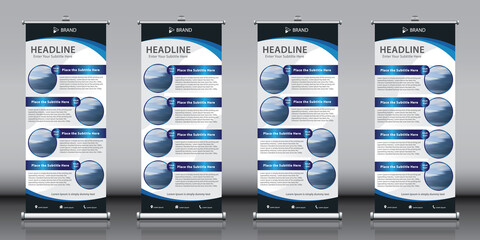 Roll up banner design collection with gradient blue infographic artwork and images. Editable vertical template vector set, modern standee and flag banner