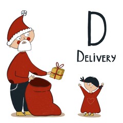 Cute Christmas alphabet. Letter D - Delivery. Alphabet series for children. Baby card.