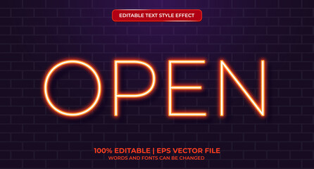 Wall Mural - Open neon glowing text effect isolated on brick background. Editable text effect