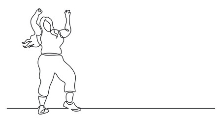 continuous line drawing of happy oversize woman standing hands up cheering body positivity