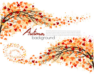 Poster - Hello a gold autumn. Autumn landscape with autumn colorful leaves on the  tree and bike in a park on a background. Vector illustration