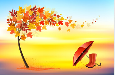 Poster - Hello a gold autumn. Autumn landscape with colorful leaves on the tree and umbrella with rain boots in a park on a background. Vector