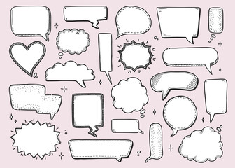 Wall Mural - Comic speech bubble set with round, star, cloud shape. Hand drawn sketch doodle style. Vector illustration speech bubble chat, message element for quote text.