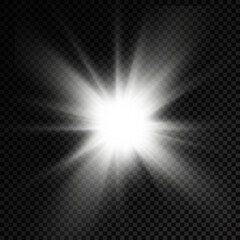 White glowing light star, burst sun rays.