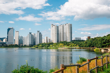 Sticker - Modern buildings and Gwanggyo Lake Park in Suwon, Korea