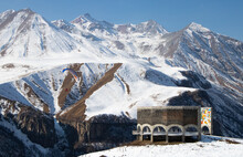 Circular Observation Deck/ Overlook And Peaks Of Snow-covered Caucasus Mountains In Northern Georgia (Winter)