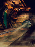 Fototapeta Most - Old sewer corridor with electric lamps, door, and iron bars blocking the exit. 3D render.