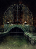 Fototapeta Most - Dark fantasy sewer with fire burners and an old iron cage. 3D render.