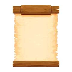 Wall Mural - Wood planks with parchment paper in cartoon style isolated on white background. Frame, medieval panel, menu. Empty gui asset, signboard.