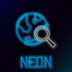 Poster - Glowing neon line Magnifying glass with globe icon isolated on black background. Analyzing the world. Global search sign. Colorful outline concept. Vector