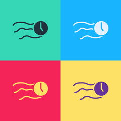 Poster - Pop art Time flies on the clock icon isolated on color background. Vector