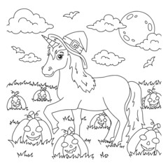 Wall Mural - A unicorn in a hat walks across the pumpkin field. Magic fairy horse. Halloween theme. Coloring book page for kids. Cartoon style. Vector illustration isolated on white background.