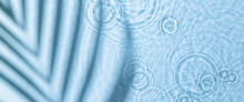 Water Panoramic Banner Background. Blue Aqua Texture, Surface Of Ripples, Rings, Transparent, Palm Leaf Shadows And Sunlight. Spa Concept Background. Flat Lay, Top View, Copy Space