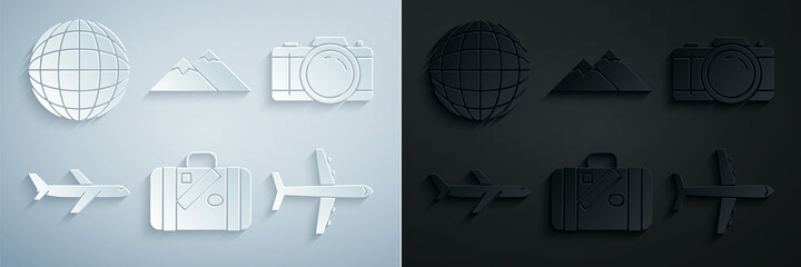 Wall Mural - Set Suitcase for travel and stickers, Photo camera, Plane, Mountains and Earth globe icon. Vector