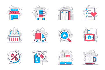 Leinwandbilder - Shopping concept flat line icons set. Make and pay for purchases at sales. Bundle of shop, bag, wish list, delivery, search, discount and other. Vector conceptual pack outline symbols for mobile app