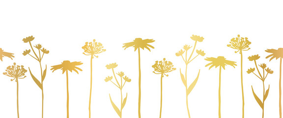 Wall Mural - Floral seamless vector border metallic gold foil effect. Horizontal flower banner wild grass flowers elegant golden on white. Use for card decor, birthday, wedding, footer, ribbon, fabric trim, decal.