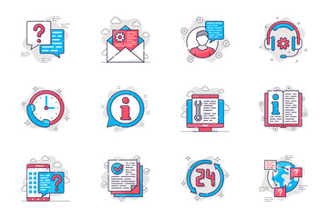 Poster - Customer support concept flat line icons set. Consultation and assistance in call center. Bundle of message, headphones, question, faq and other. Vector conceptual pack outline symbols for mobile app