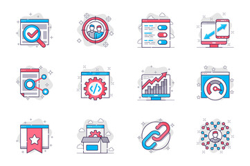 Wall Mural - Seo optimization concept flat line icons set. Settings and online website promotion. Bundle of target, link, statistics, growth, speed and other. Vector conceptual pack outline symbols for mobile app