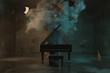 © Brilliant Eye - 3d rendering of black piano in front of hurricane and flying sheets